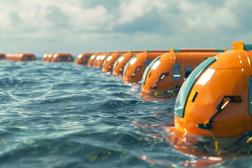 A row of orange buoys float in the ocean - obrazy, fototapety, plakaty