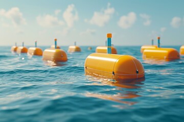 A row of orange buoys float in the ocean - obrazy, fototapety, plakaty
