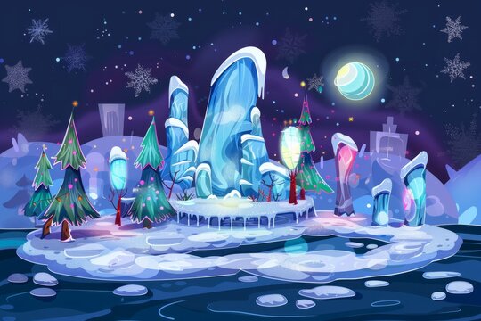 Cartoon cute doodles of a winter island with magical ice sculptures depicting scenes from fairy tales and legends, illuminated by colorful lights, Generative AI