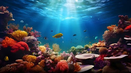 stunning underwater landscape with a variety of fish and coral reefs

