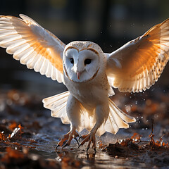 Beautiful Barn Owl (Tyto alba) flying in the forest