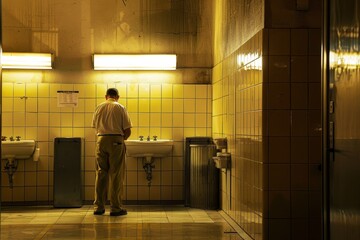 A man is using the bathroom in a public place