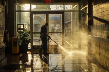 A man is cleaning a building with a pressure washer - obrazy, fototapety, plakaty