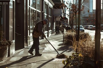 A man is sweeping the sidewalk in front of a building