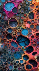 A vibrant close-up of a colorful substance showing a pattern of bubbles resembling cells, background, wallpaper