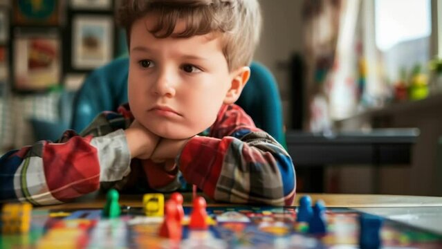 A determined child is deep in thought using their critical thinking skills to outsmart their opponents while playing a fun board game.