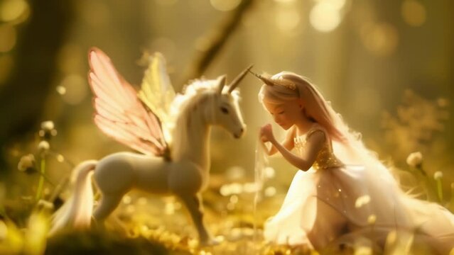 A magical fairy with sparkly wings and a flowing dress performs in a puppet show with a beautiful white unicorn.