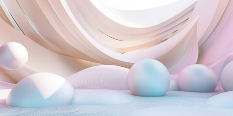 An abstract, inflatable scene, rendered in 3D, where layers of pastel colors form a tranquil and inviting space for contemplation, with space for text - obrazy, fototapety, plakaty