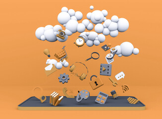 Icons with various phone applications falling into the smartphone from the clouds, 3D rendering of cartoon yellow-gray colors, concept of downloading applications from cloud services