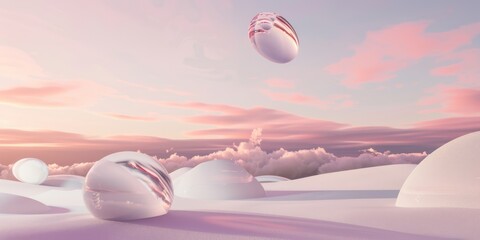 A surrealistic scene with floating, inflatable abstract forms in a sky filled with pastel gradients, evoking a sense of peace and creativity, space for text - obrazy, fototapety, plakaty