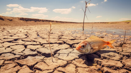 Fish are dying from lack of water on cracked land from the heat, dried up lake, sea. - obrazy, fototapety, plakaty