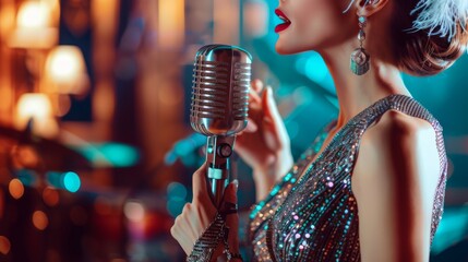 Female jazz singer performing on stage, warm lights, concert atmosphere, suitable for entertainment...