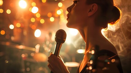 Female retro jazz singer with microphone, red-blue hues, concept of live music and performance.