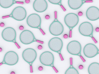 blue tennis rackets and pink tennis balls on a white background top view 3 d render cartoon