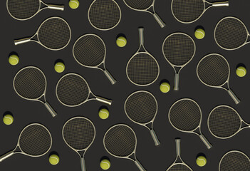 golden tennis rackets and tennis balls on the background top view 3 d render cartoon