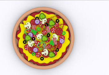 pizza with mushrooms, bacon and sausage on a white background top view 3d render cartoon