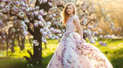 A young woman in a floral gown poses amidst blossoming cherry trees, the golden light of spring creating a dreamy scene perfect for fashion and nature themes.