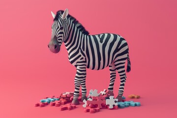 A zebra is standing in a pile of jigsaw puzzle pieces