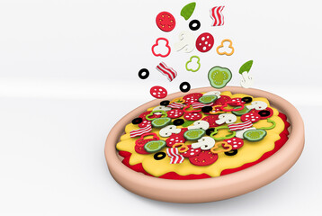 pizza is served with mushrooms, tomatoes and cucumbers cut into pieces on a white background 3d render cartoon