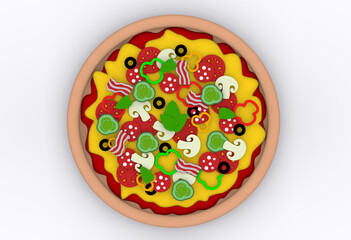 pizza with mushrooms and cheese on a white background top view 3d render cartoon