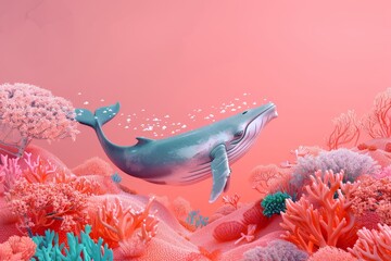 A whale is swimming in a pink ocean with coral and seaweed - obrazy, fototapety, plakaty