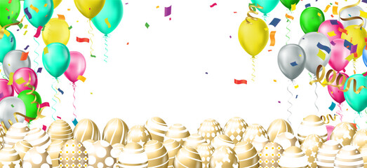 Easter background with balloons, confetti and ribbons. Vector illustration.
