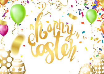 Happy Easter background with eggs, confetti and ribbons. Vector illustration.