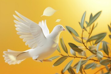 A white dove is flying over a tree with green leaves