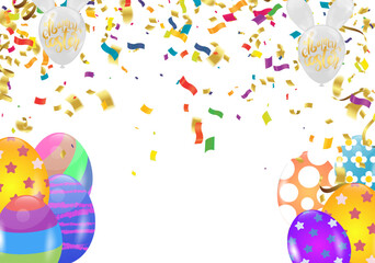 Easter background with colorful eggs and confetti. Vector illustration.