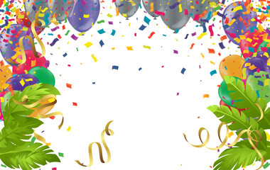 Holiday party background with balloons and confetti. Vector illustration.