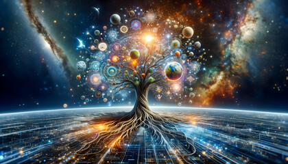 A digital tree at the center of the universe, with branches and limbs comprising various elements of the cosmos, symbolizing the connection. - obrazy, fototapety, plakaty