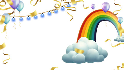 Rainbow and clouds with confetti and ribbons. Vector illustration