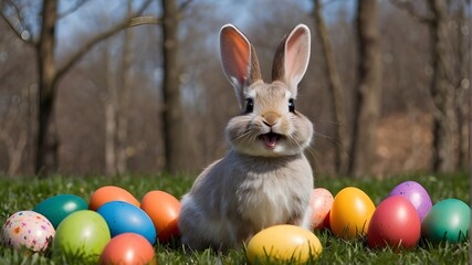 Fototapeta na wymiar Happy Easter bunny with many colorful easter eggs. Generative AI. 