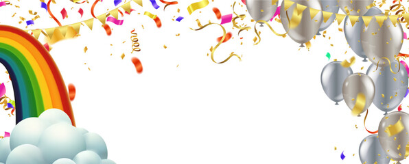 Celebration background with balloons, confetti and rainbow. Vector illustration.