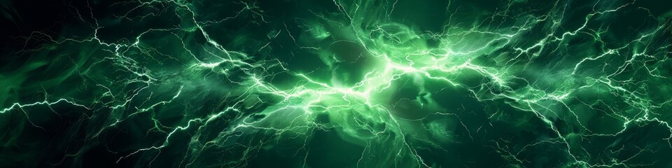 Vivid green lightning tendrils crackle with energy against a dark background, wallpaper, banner - obrazy, fototapety, plakaty