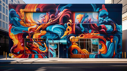 A dynamic street art mural features graffiti-style lettering alongside abstract patterns, forming a captivating tableau that adds vibrancy and character to the cityscape.