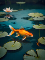 A golden fish dreams of flight. A majestic golden fish with shimmering scales glides serenely through a tranquil pond adorned with a lotus flower