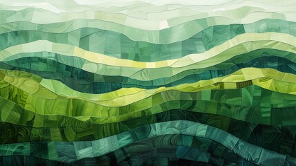 Abstract interpretation of rice fields with layered green and yellow waves creating a vibrant backdrop, background, wallpaper