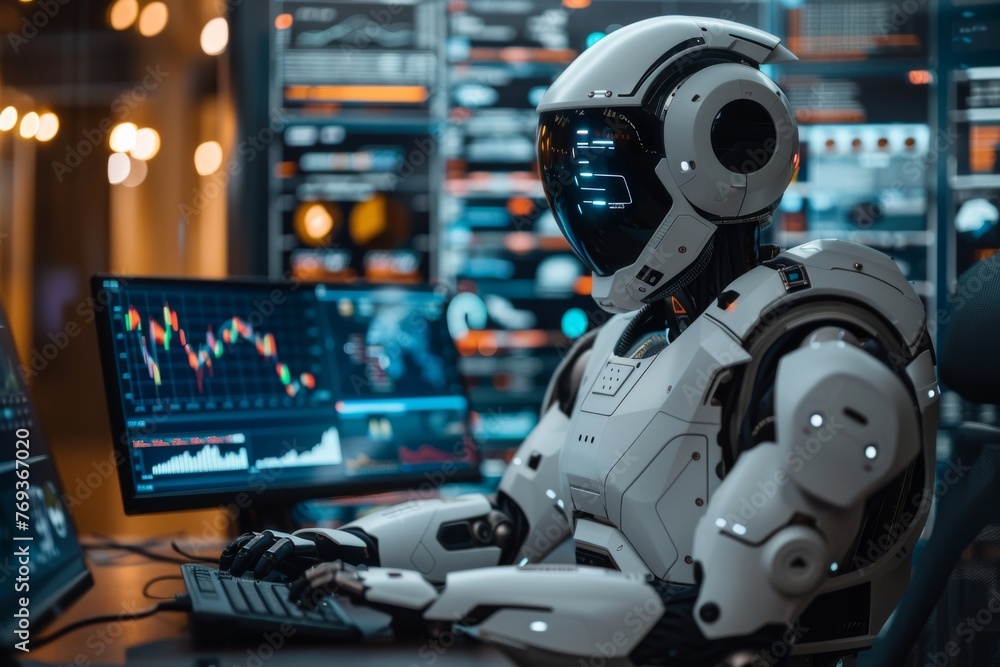 Poster ai robot with futuristic design sits in front of computer screens displaying data