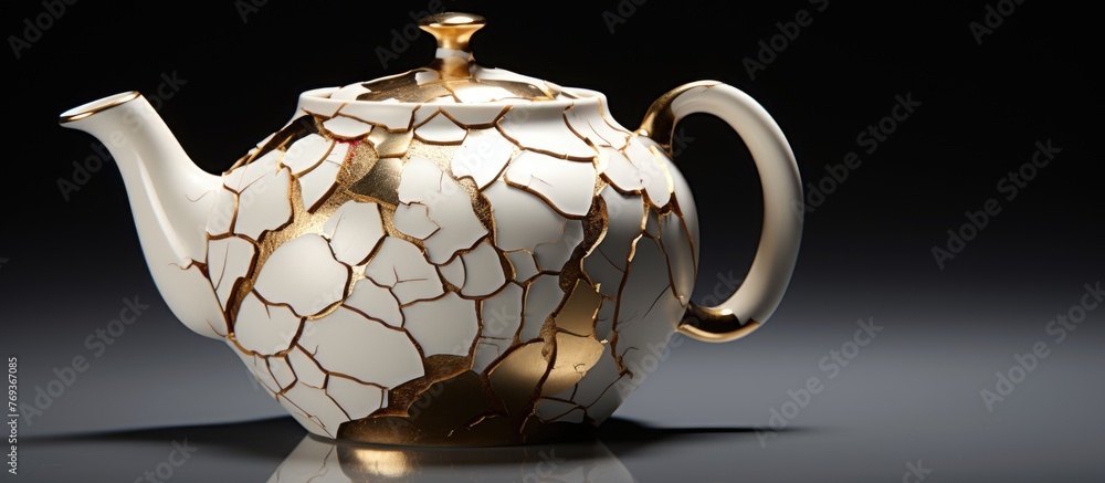 Poster A damaged teapot with a luxurious gold handle is displayed on a table. This unique piece of tableware blends artistry with functionality