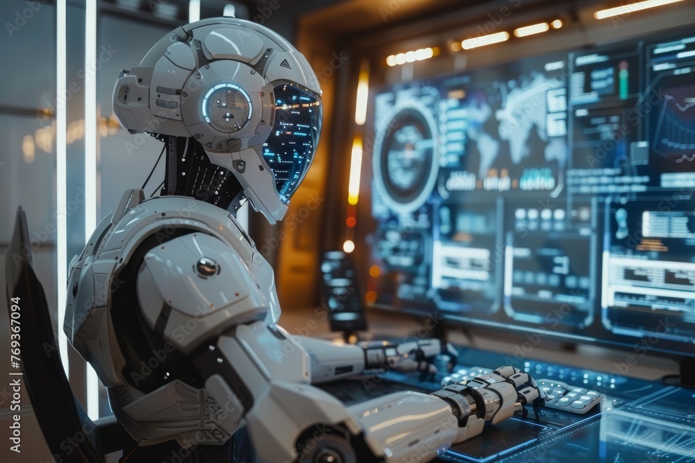 Poster ai robot at a control panel in a high-tech workspace