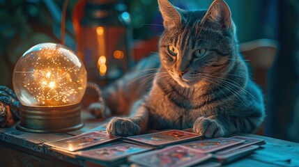 Alien cat fortune teller, cosmic cards spread, twilight, mysterious charm