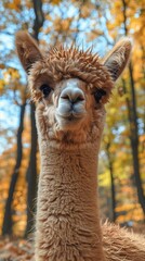Obraz premium Close-Up Portrait of a Young Alpaca with Sunlit Fur in a Peaceful Rural Setting