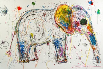 The hand drawing colourful picture of the elephant that has been drawn by the colored pencil, crayon or chalk on white blank background that seem to be drawn by the child that willing to draw. AIGX01.