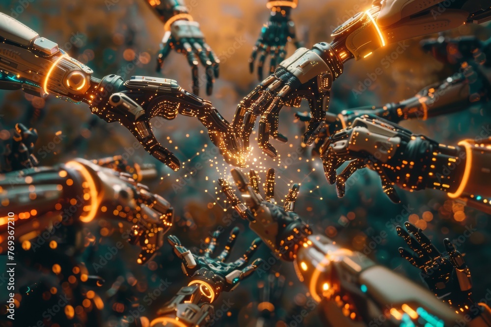 Poster futuristic robotic hands connecting in an intricate network