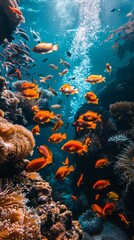 Fototapeta premium A large group of fish gracefully swim over a vibrant coral reef in an aquarium setting.