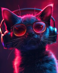 3D podcast music cat with headphones, studio setup, vibrant colors