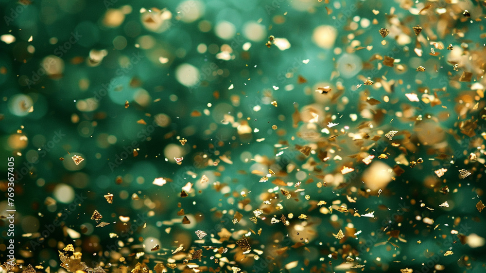 Aufkleber a green background with gold glitter falling from the sky. the glitter is scattered all over the bac