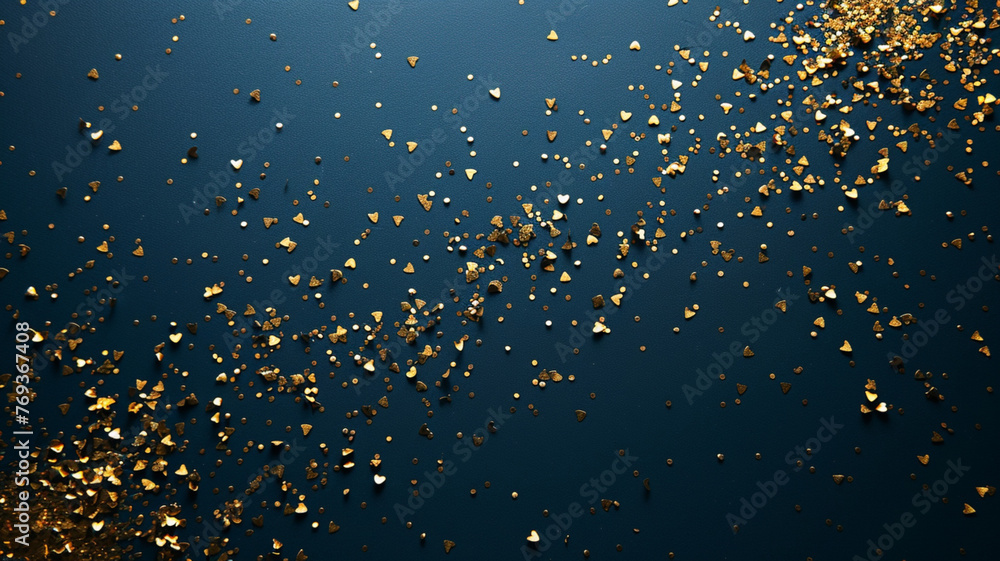Poster a blue background with gold glitter and gold hearts. the glitter is scattered all over the backgroun