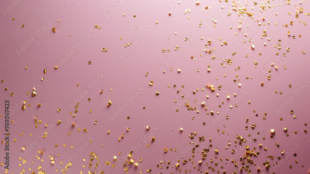 Poster a pink background with gold glitter scattered all over it. the glitter is in various sizes and shape